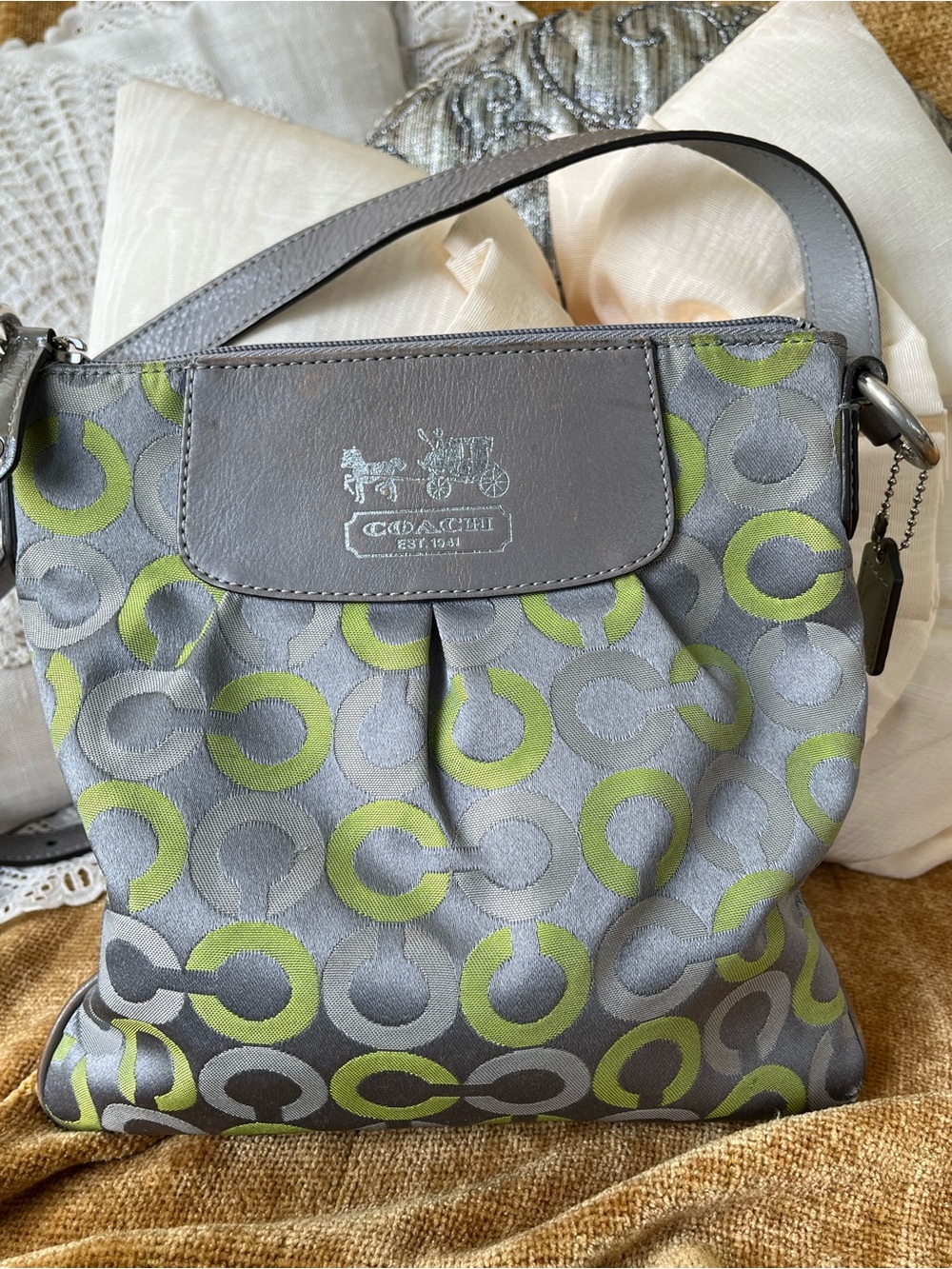 Coach Op Art Gray 🩶💚 Lime Circle Jacquard Shoulder Bag with Leather Trim, GUC